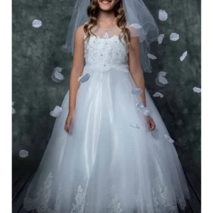 Lace Appliqué Illusion Bateau Girls Dress | White