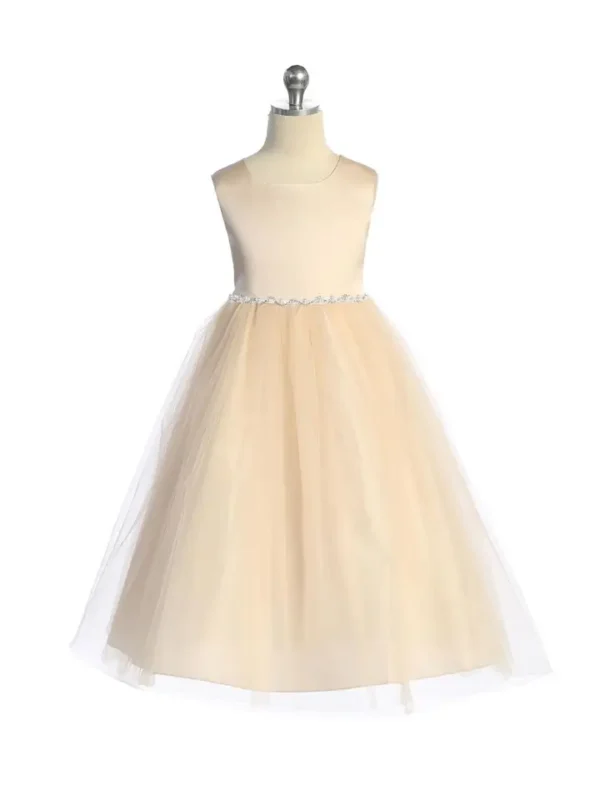 Satin Top Girls Dress with Wavy Rhinestone & Pearl Trim - Image 3
