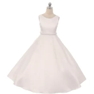 Long Satin Pearl Trim Girls Communion Dress with Plus Sizes