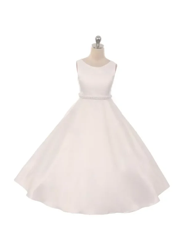 Long Satin Pearl Trim Girls Communion Dress with Plus Sizes