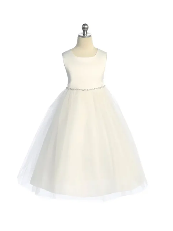 Satin Top Girls Dress with Wavy Rhinestone & Pearl Trim - Image 4