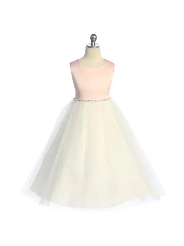 Satin Top Girls Dress with Wavy Rhinestone & Pearl Trim - Image 6