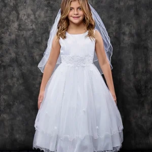 Lace Trim Long Tulle Girls Dress with Plus Sizes | White